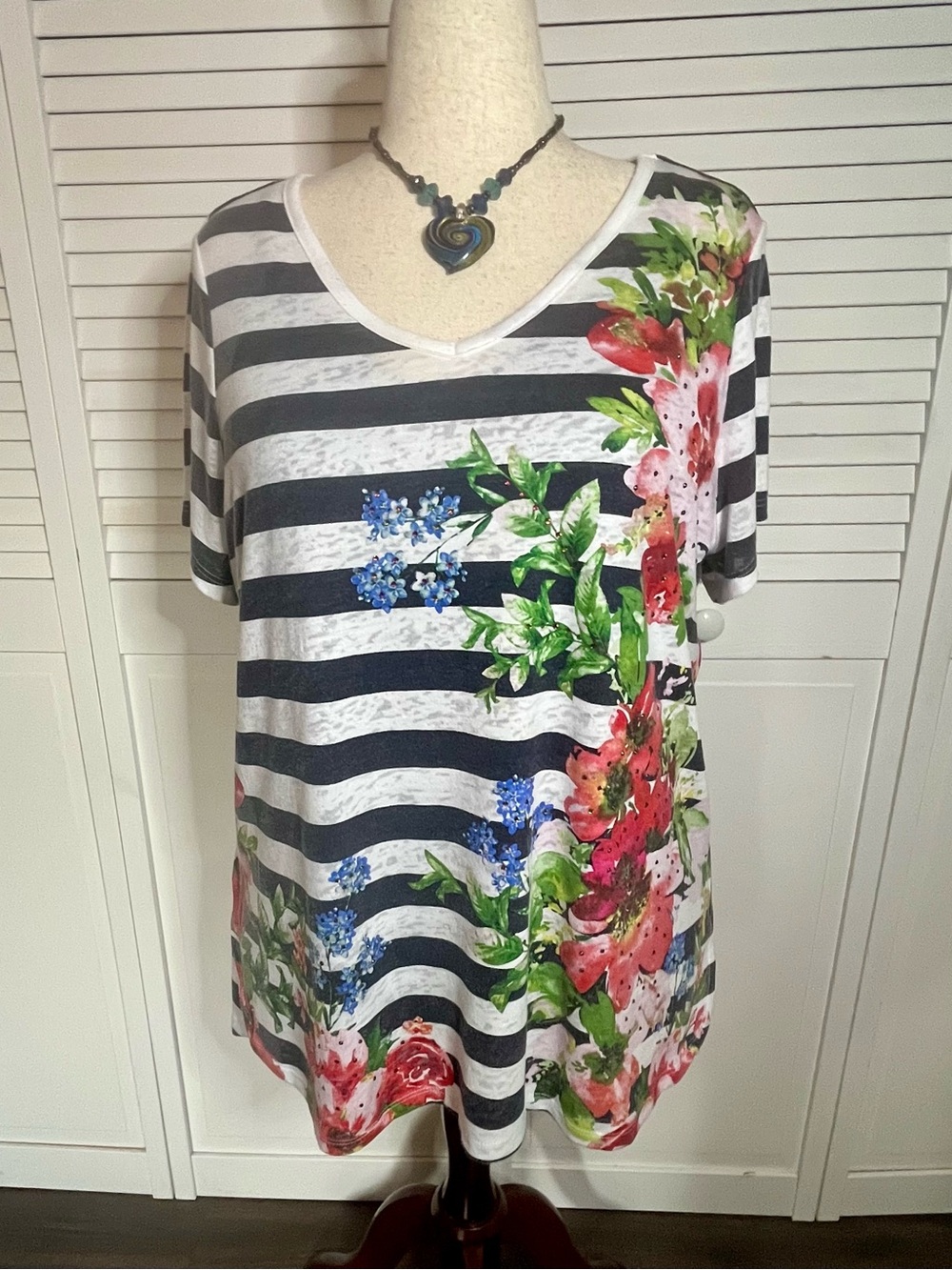 DG2 by Diane Gilman Black & White Striped V-Neck Tee with Floral Spray